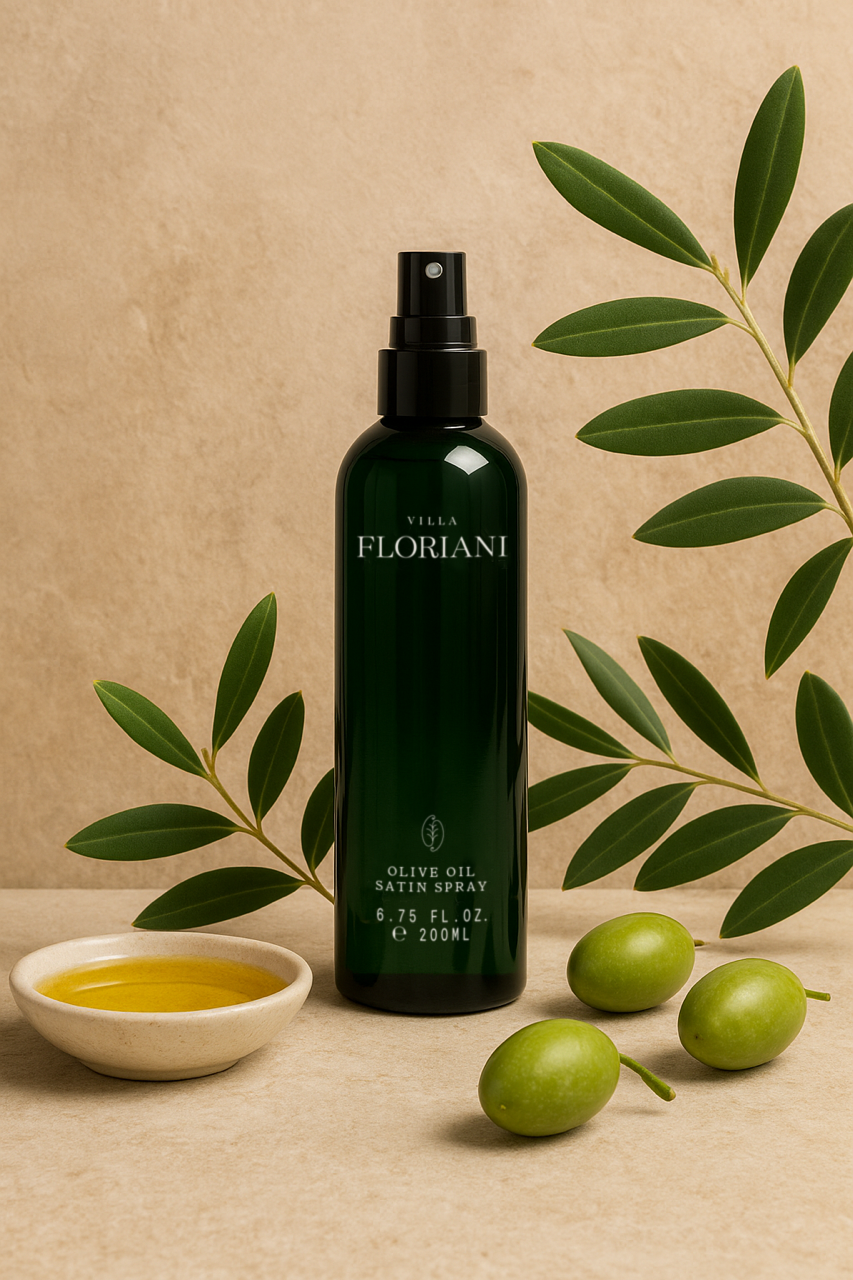 Moisturizing olive oil spray featuring Italian olives for skin and hair care.