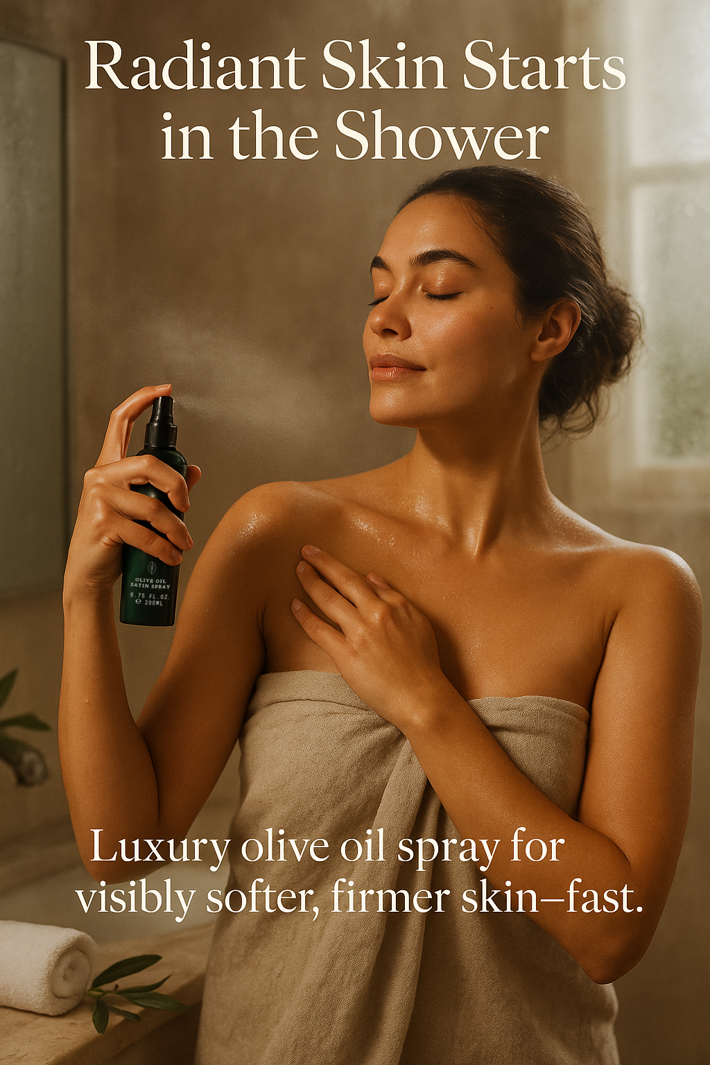Woman applying Villa Floriani after shower body oil spray mist for softer, smoother, firmer skin.