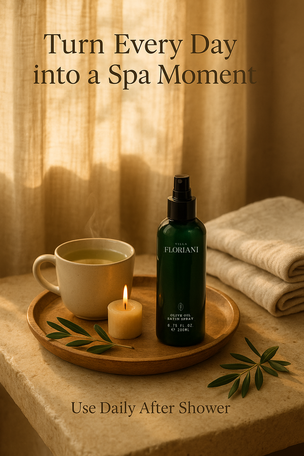 Villa Floriani Olive Oil Spray in a calming spa scene, perfect for after-shower hydration to nourish and soften skin and hair.